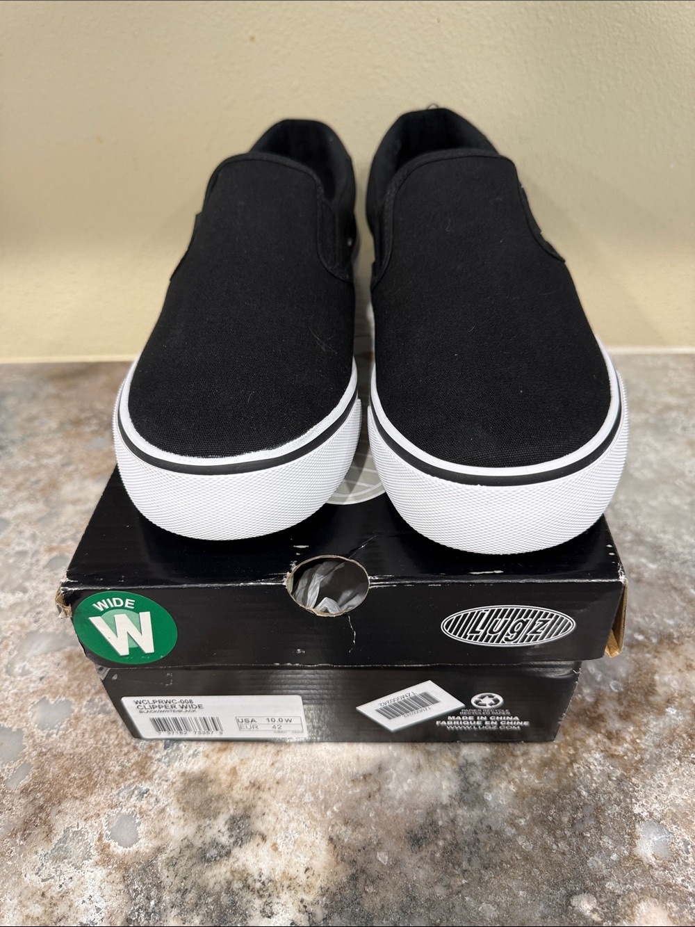 Lugz Black Canvas Slip-On with White Platform Sole